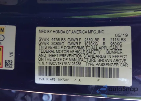 2019 Honda Accord Sport z USA, uszkodzony, nr VIN 1HGCV1F37KA103288